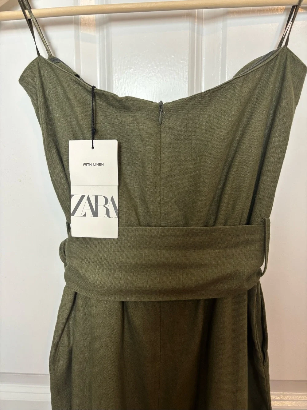 NWT Zara Olive Green Linen Blend Strapless Jumpsuit Belted Cuffed Hem Small